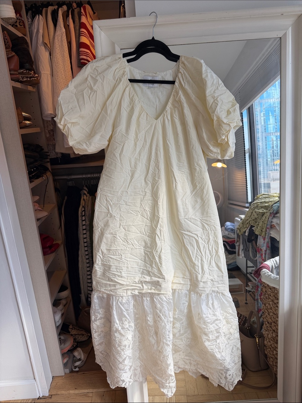 Studio McGee Cream Puff-Sleeve V-Neck Midi Dress with Lace Hem
